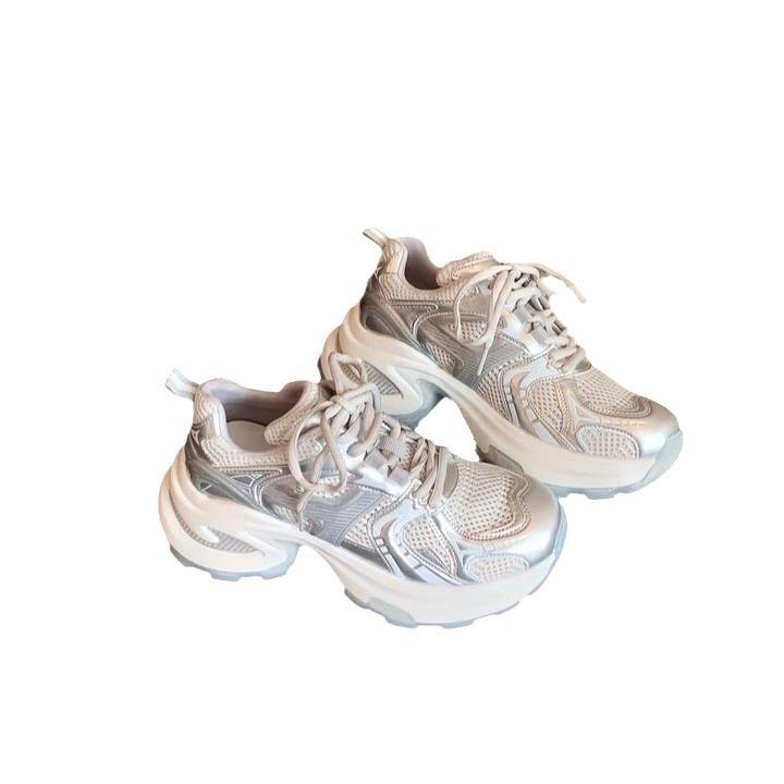 Thick-Soled Silver Dad Shoes Women'S Spring And Summer New Breathable Heightening Internet Celebrity Fried Street Ins Tide Casual Sports Shoes