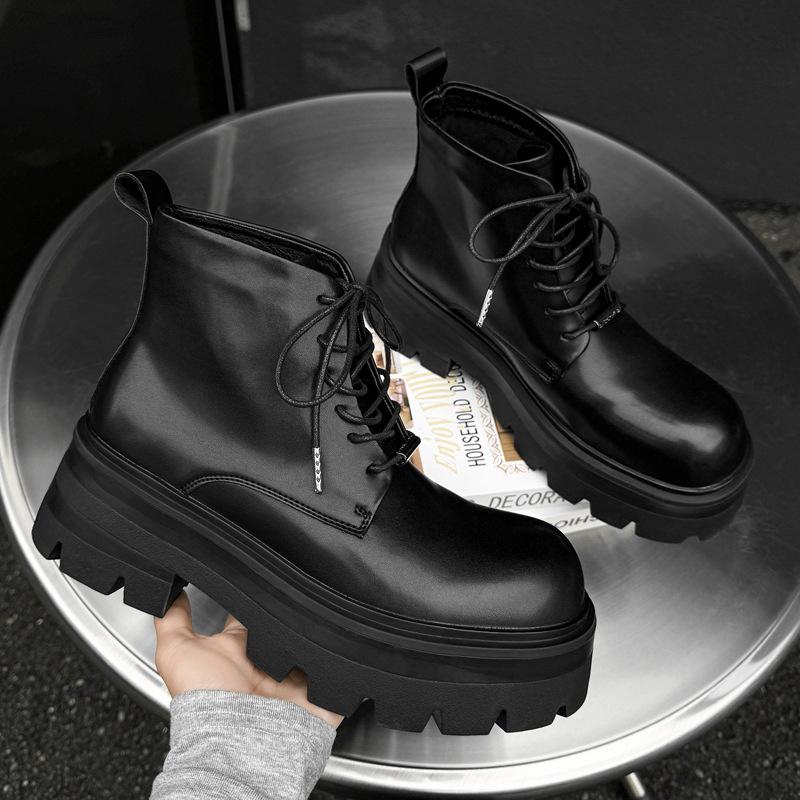 Men Fashion Punk Rock Dress Platform Boots Black Stylish Natural Leather Shoes Cowboy Chunky Boot Cool Big Toe Motorcycle Botas