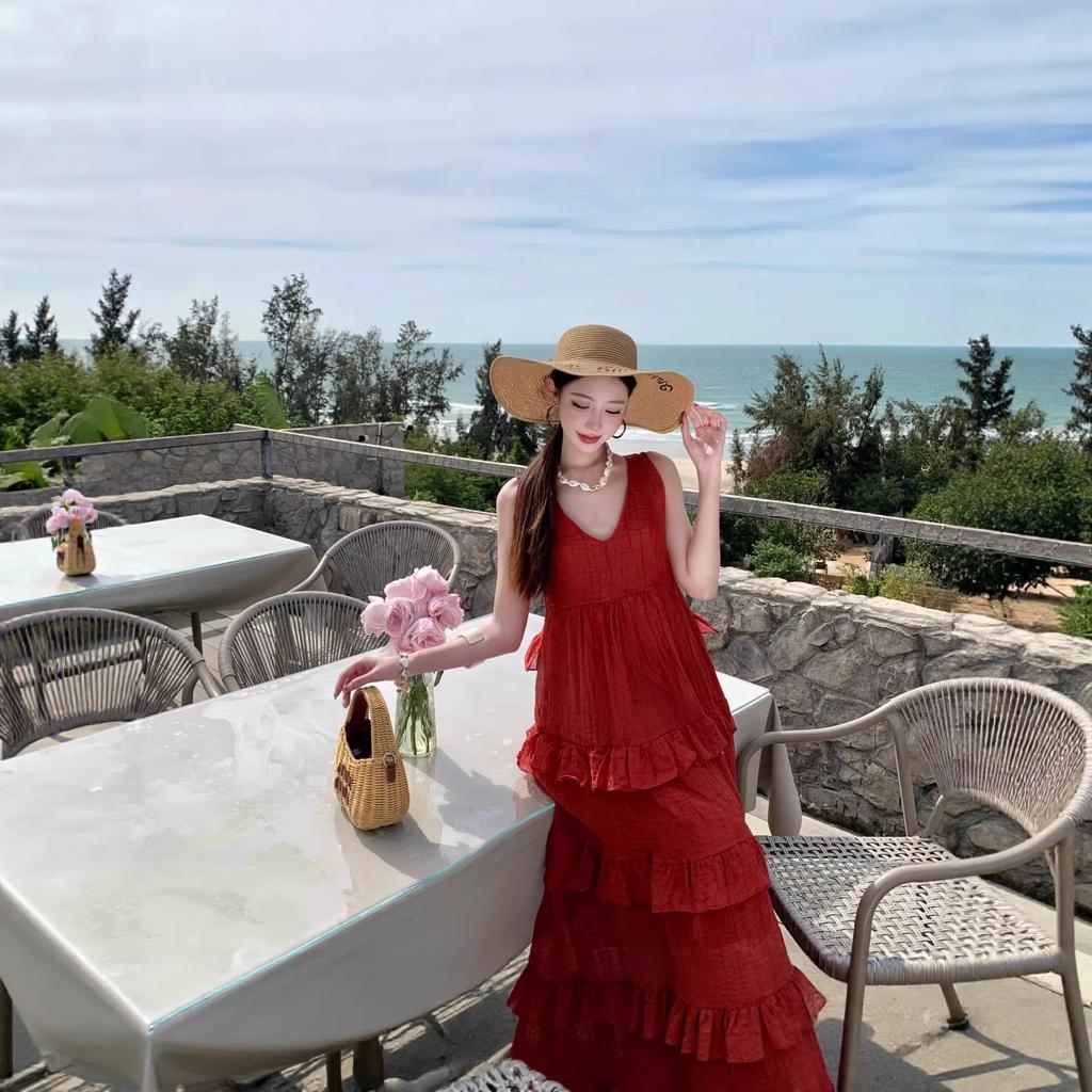 French temperament red irregular suspender dress women's summer new Spice Girl temperament vacation style seaside dress