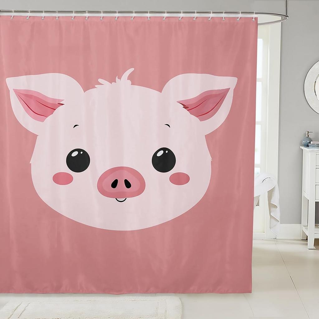 Pink Pig Shower Curtain, Lovely Animal Piggy Bath Curtain Western Animals Bathroom Decor Romantic Rose Flowers Bathroom Curtain