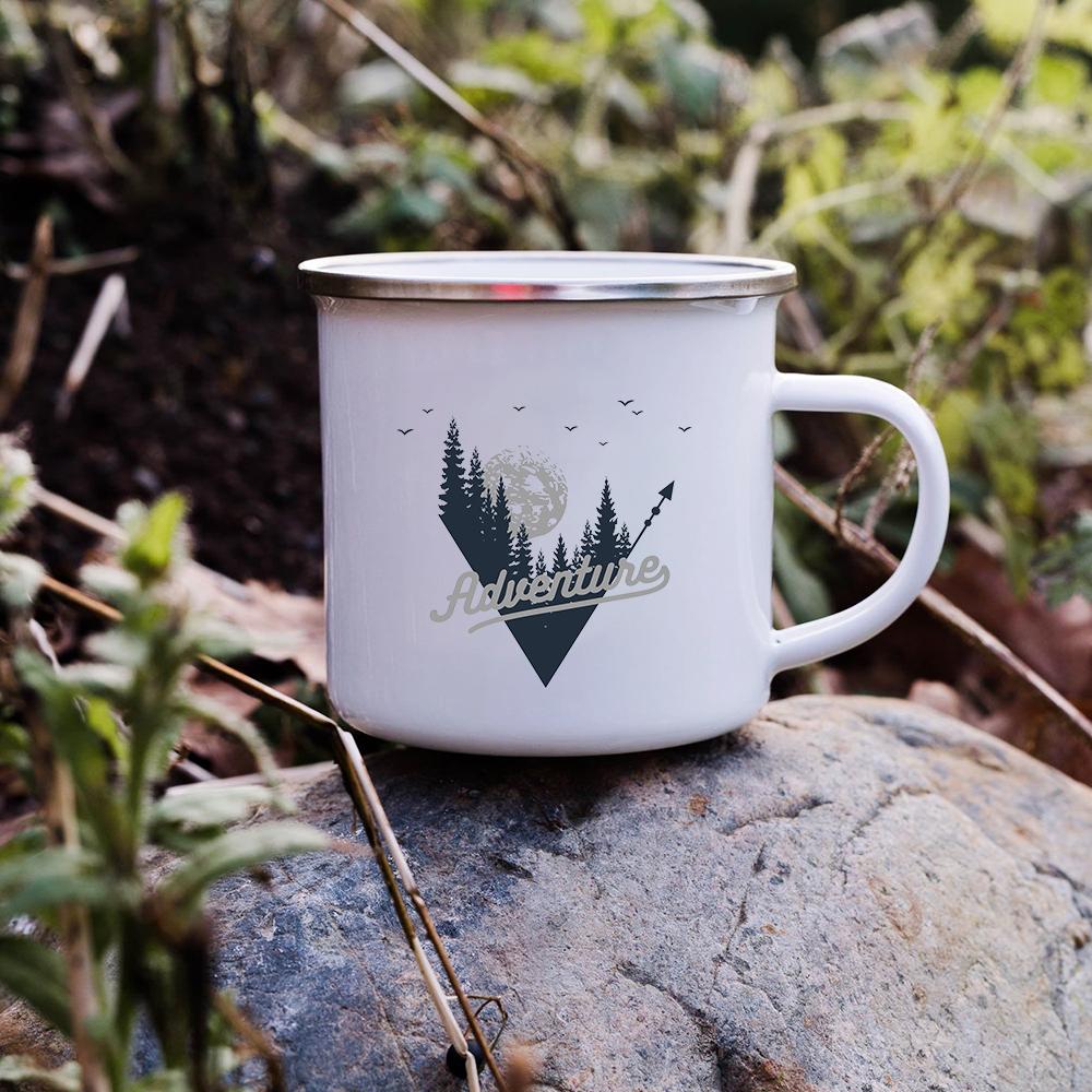 Sunset Forest Creek Creative Enamel Coffee Mugs Outdoor Travel Water Cups Camping Bonfire Party Beer Drink Milk Mug Best Gifts