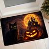 Halloween Dark Black Cat Pumpkin Lantern Castle Flannel Mat Home Entrance Door Hallway Anti-Slip Foot Mat Bathroom Water-Absorbing Welcome Mat