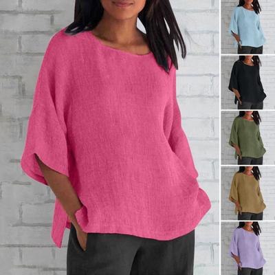 Women Shirt 45720 Sleeve Casual Crew Neck Solid Color Pullover Tops Loose