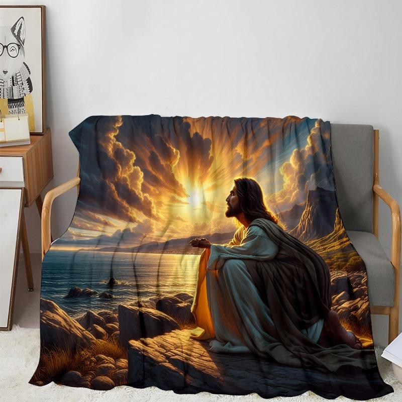 Jesus Prayer Flannel Throw Blanket Soft Lightweight All Season Seascape Sunset Print Spiritual Home Decor Sofa Travel Blankets