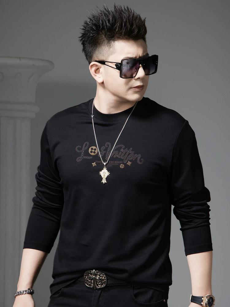 European Style Autumn Long-Sleeve T-Shirt for Men 2025 New Trendy Round Neck Beaded Printed Base Shirt Men's Top