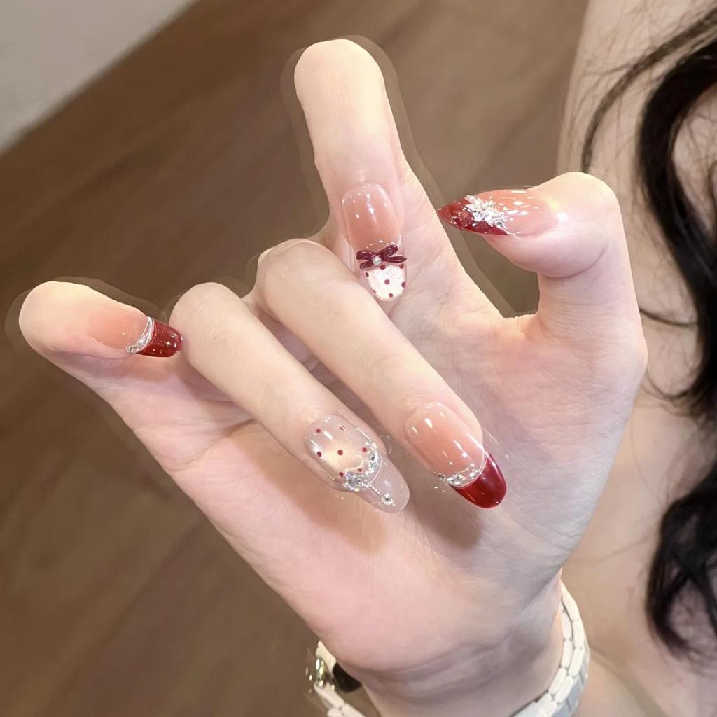 2026 Color Wearable Nails: French New Year Red Ballet, Polka Dot, Cat Eye Manicure Medium-Long Nail Tips