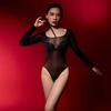 Sexy Women Cosplay Maid Catsuit Oil Glossy Shiny High Cut Bodysuit Sheer See Through Elastic Yoga Shapping Tights Leotard