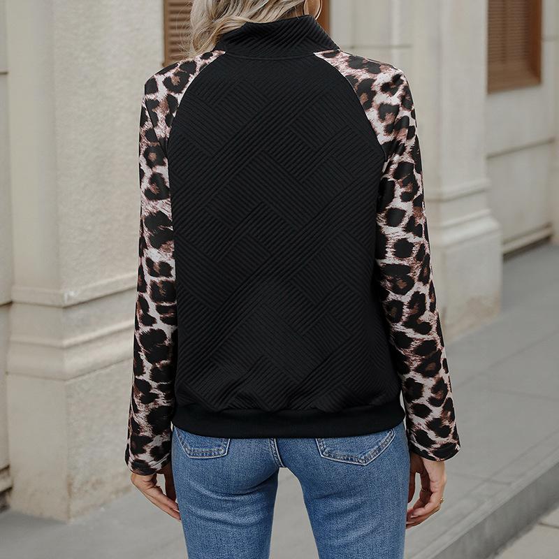 2026 Autumn Cross-border Casual Leopard Print Button-up Patchwork Hoodie