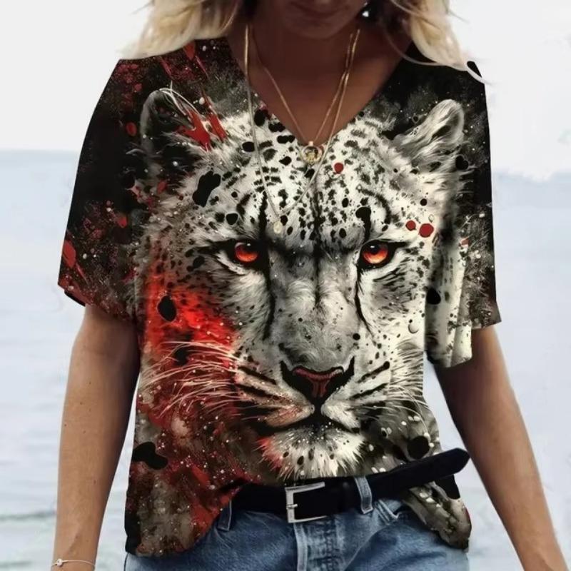 

Summer Vintage Animal Tiger T-Shirts 3D Print Women s Casual Short Sleeve V-Neck T Shirt Y2K Tees Harajuku Tops Female Clothing XL