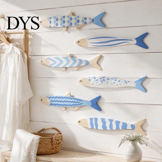 Decorative Fish Scale Wall Hangings 6Pcs/Set Wooden Decor, Beach House Decoration, Blue And White Wood Ornaments Coastal Art for Home Living