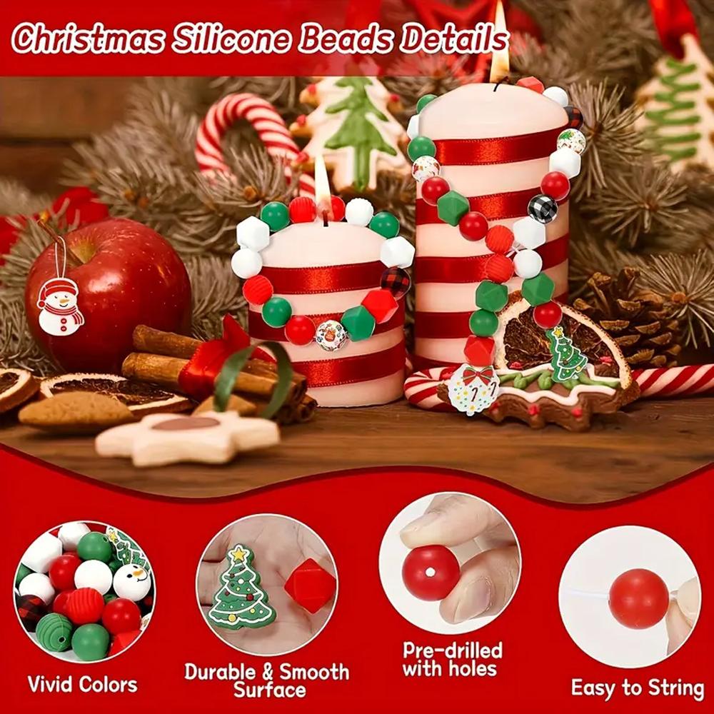 6/32PCS Multi-Size Christmas-Themed Silicone Beads Set, Perfect for DIY Crafting Keychains, Necklaces, Bracelets & More