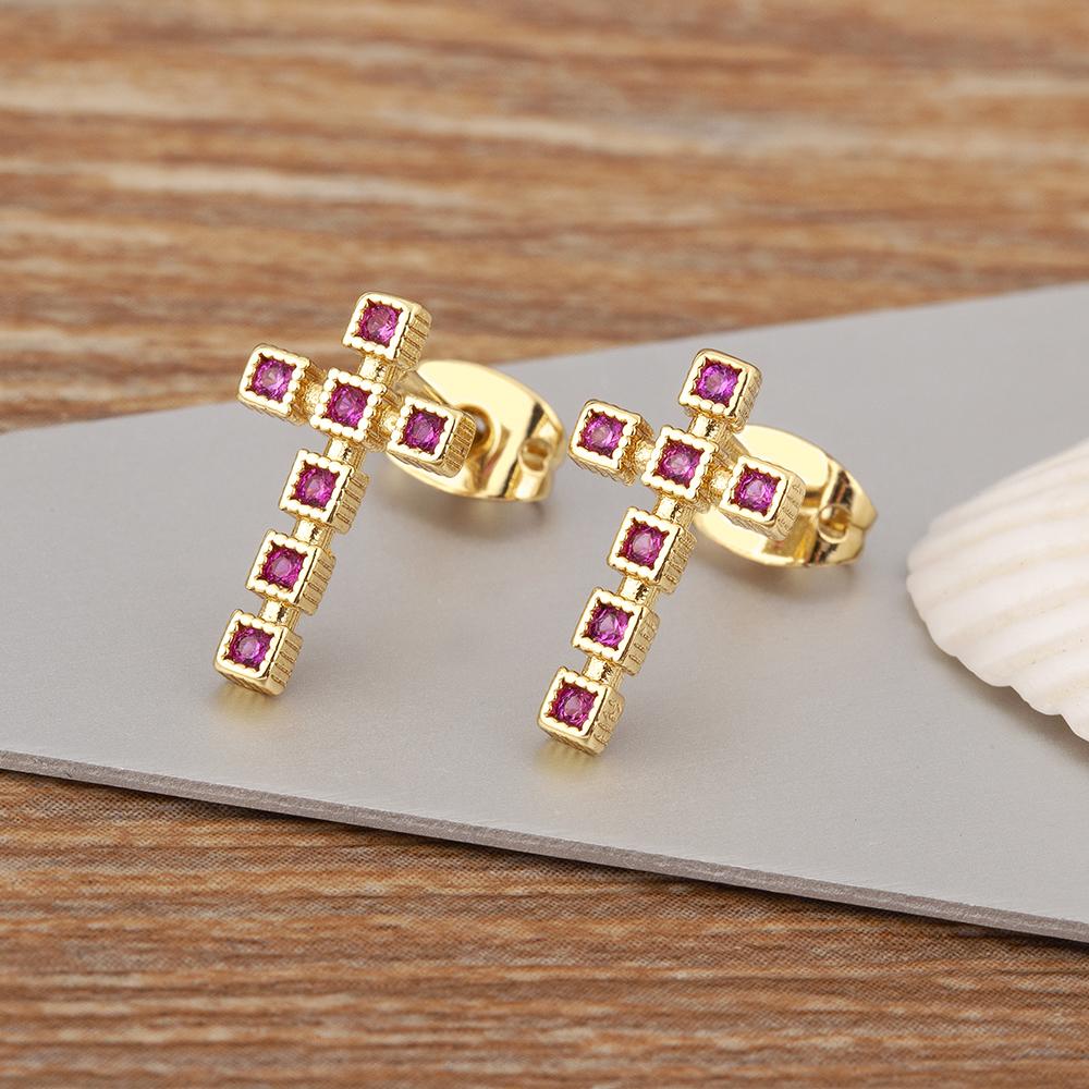 

Nidin Korea Popular Inlaid Delicate Zircon Cross Charm Earrings 3 Colors For Women Girl Engagement Wedding Jewelry Accessories рожевий червоний колір