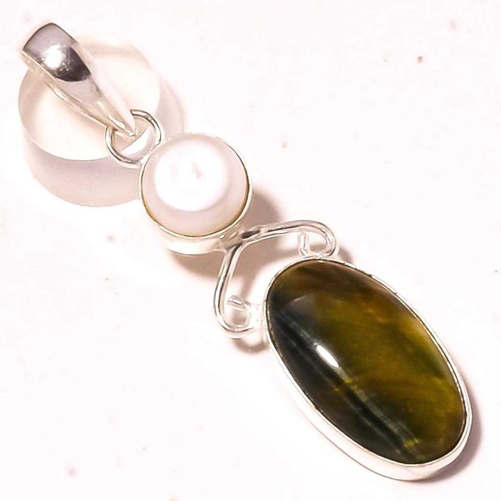 Tiger's Eye River Pearl Gemstone Handmade Antique Jewelry Pendant 2.5" h4Y28