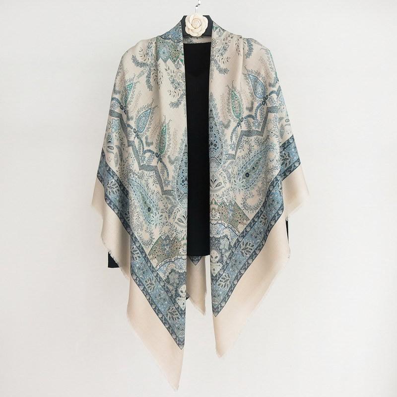 Unisex Silk Wool Square Scarf Double-sided Printed Winter Warm Shawl
