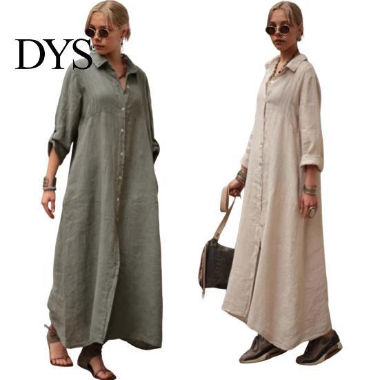 Spring Long Dress Summer Maxi Loose Turn-down Collar Sleeves Pure Color Casual Solid Single-breasted Cardigan OL Commute Daily Wear Women Lightweight
