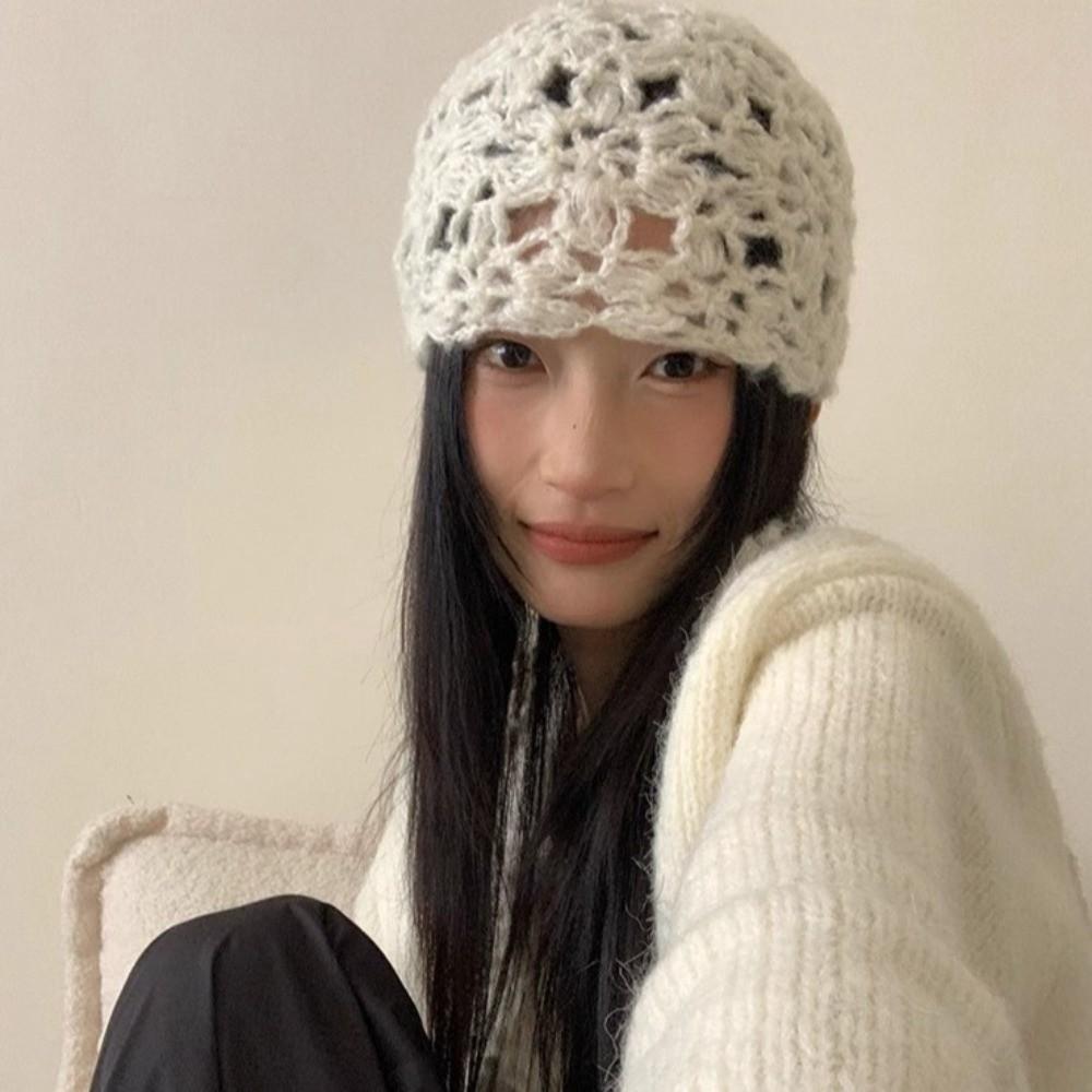 Hollow Knitted Pullover Hat Solid Color Beanies Cap Cute Crochet Flower Hat  Girls