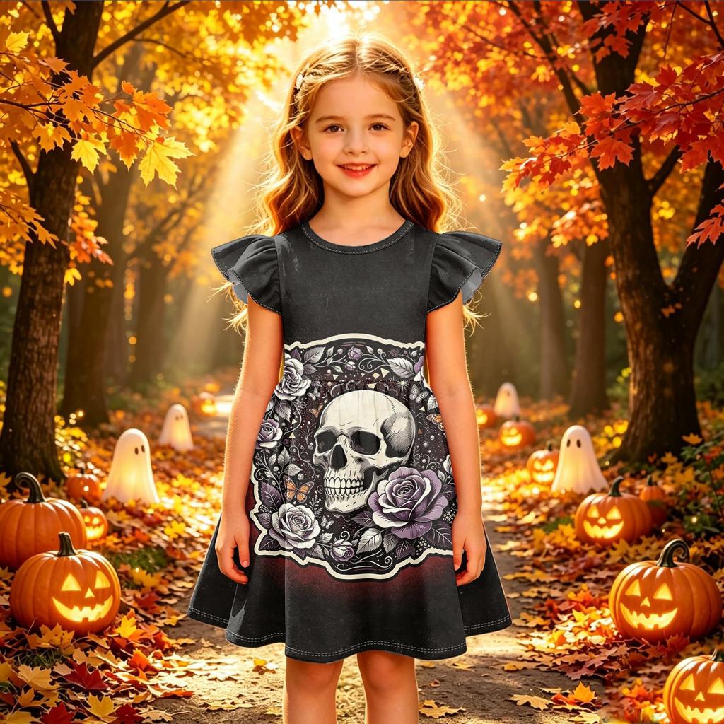 Kids Casual Halloween Printed Sleeve Dress for Party and Daily Wear