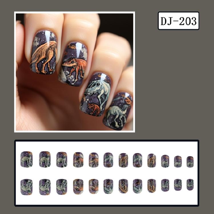 24Pcs Short Square Press on Nail Glitters Dinosaur Stick On Nail Full Cover Artificial Nail for Festive Gatherings
