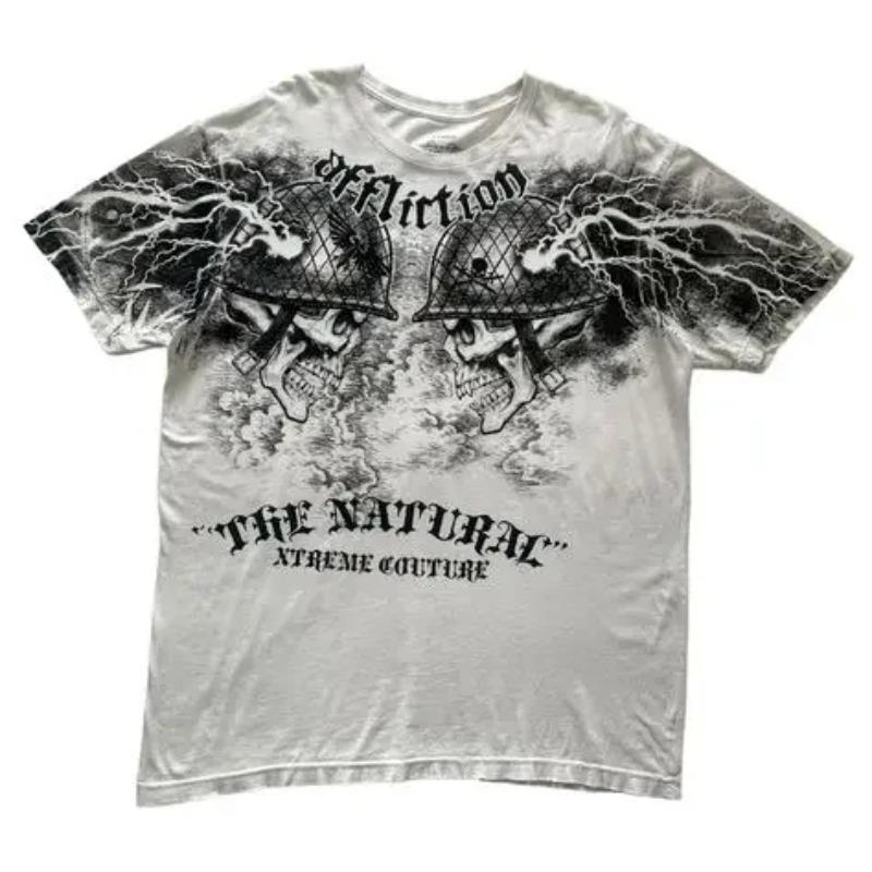 Y2K Red Gothic Thorn Totem Printing Harajuku Style T Shirt High Street Broken Feeling Mens Short Sleeves Couple Collocation