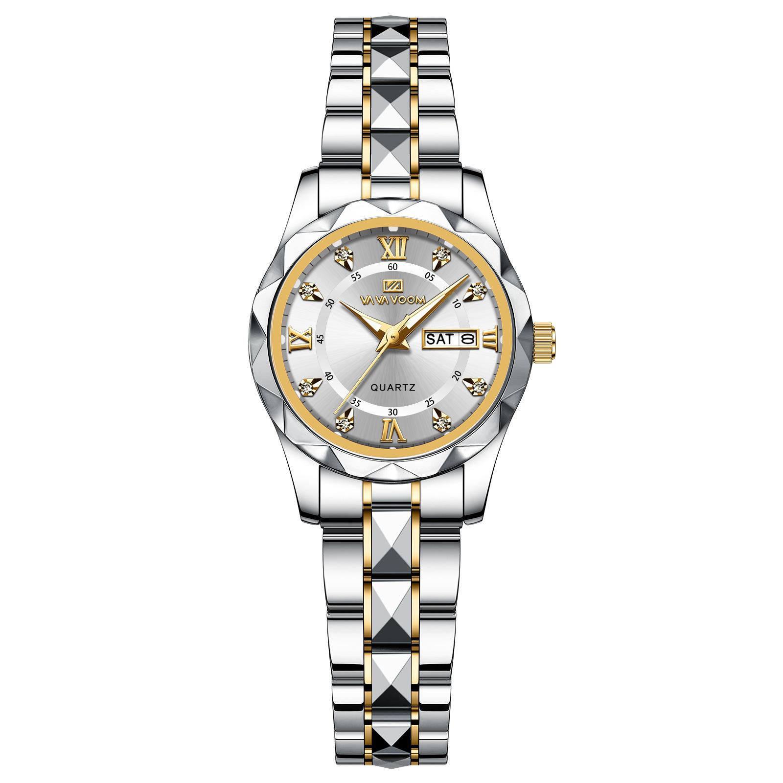 

VA VA VOOM Розкішні чоловічі кварцові годинники Man 30m Waterproof Luminous Date Week з нержавіючої сталі Чоловічі годинники Повсякденні спортивні кварцові годинники Чоловічий годинник + коробка срібний/золотий