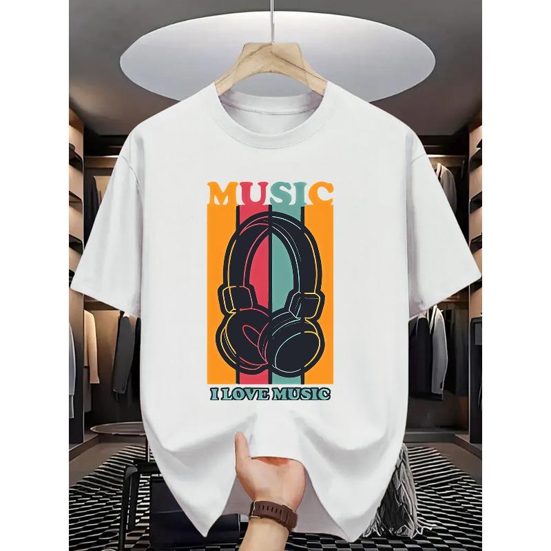 Music-Themed Graphic T-Shirt, Casual Crew Neck, Regular Fit, Short Sleeve Tee with Print Headphones and Lettering,Summer Fashion Top