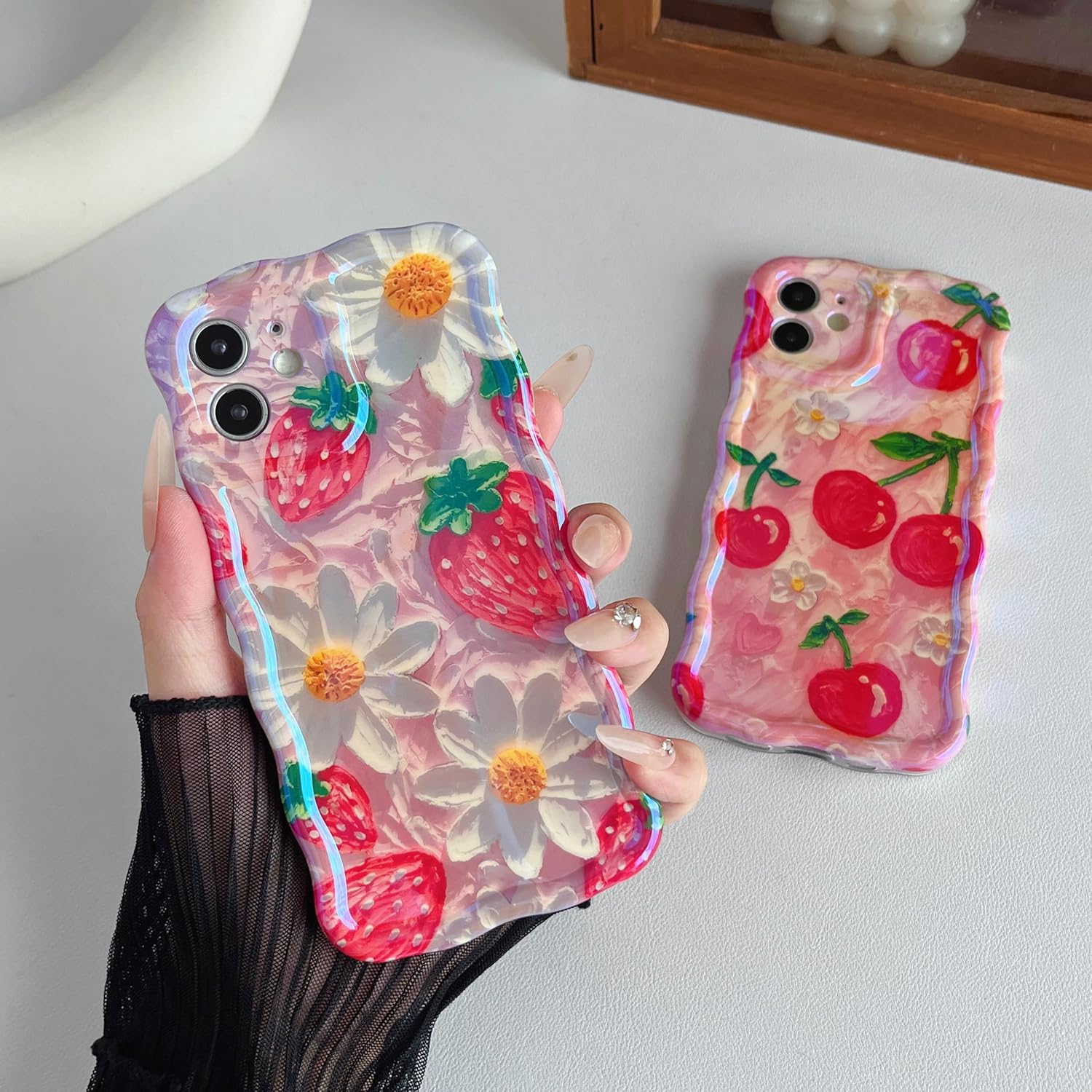 

Caseative для чехла iPhone 12, Чехол для телефона с цветочным принтом и волнистой рамкой с вишневыми цветами (вишня)