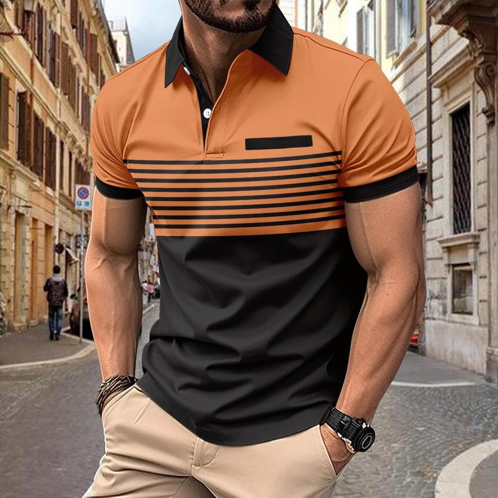 Men's Casual Striped Color Block Polo Shirt with Chest Pocket and Turn-Down Collar
