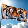 Double-sided Flag, Measuring 60.96 X 91.44cm, Featuring a Vibrant Makeup Tiger Portrait with Intense Golden Eyes and a Background of Swirling, Burning