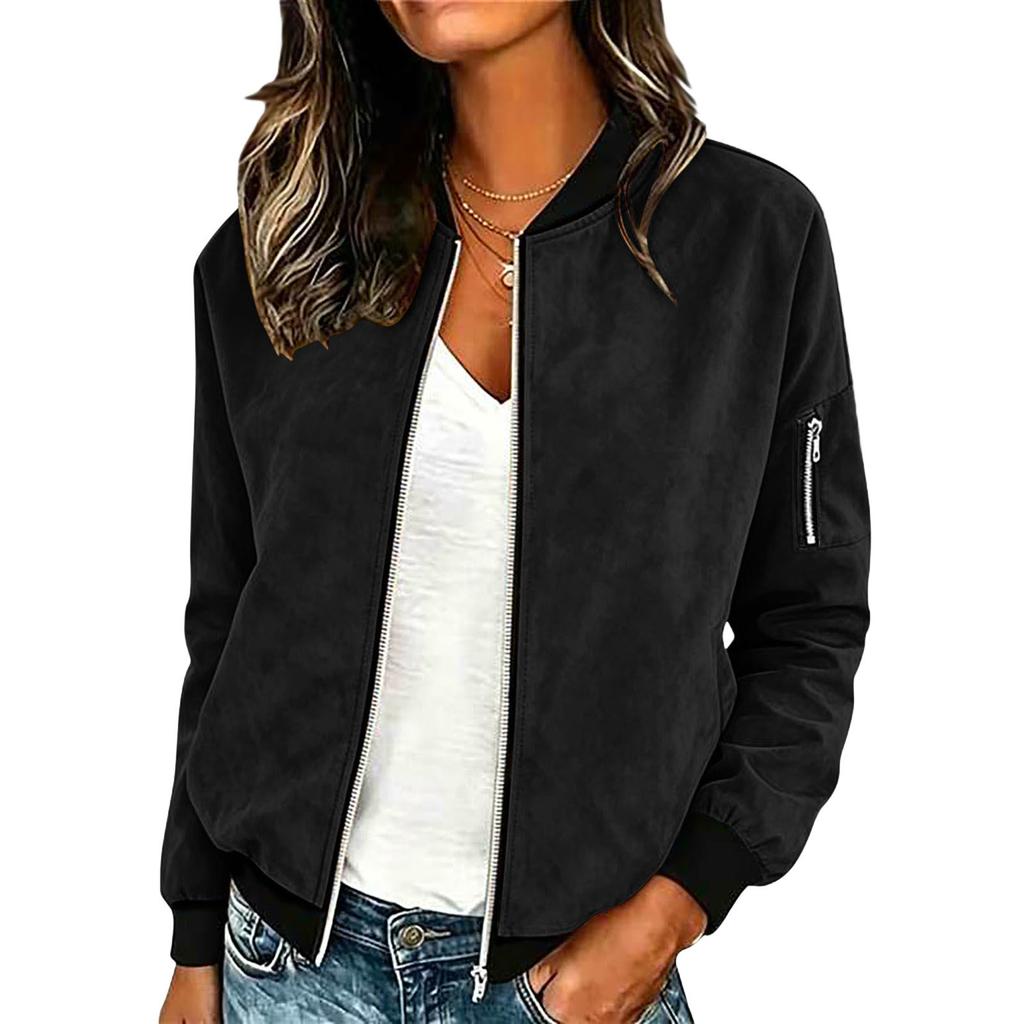 Women's Casual Suede Zip Up Jacket Lightweight Bomber Style Long Sleeve Outerwear with Ribbed Cuffs and Hem for Everyday Wear