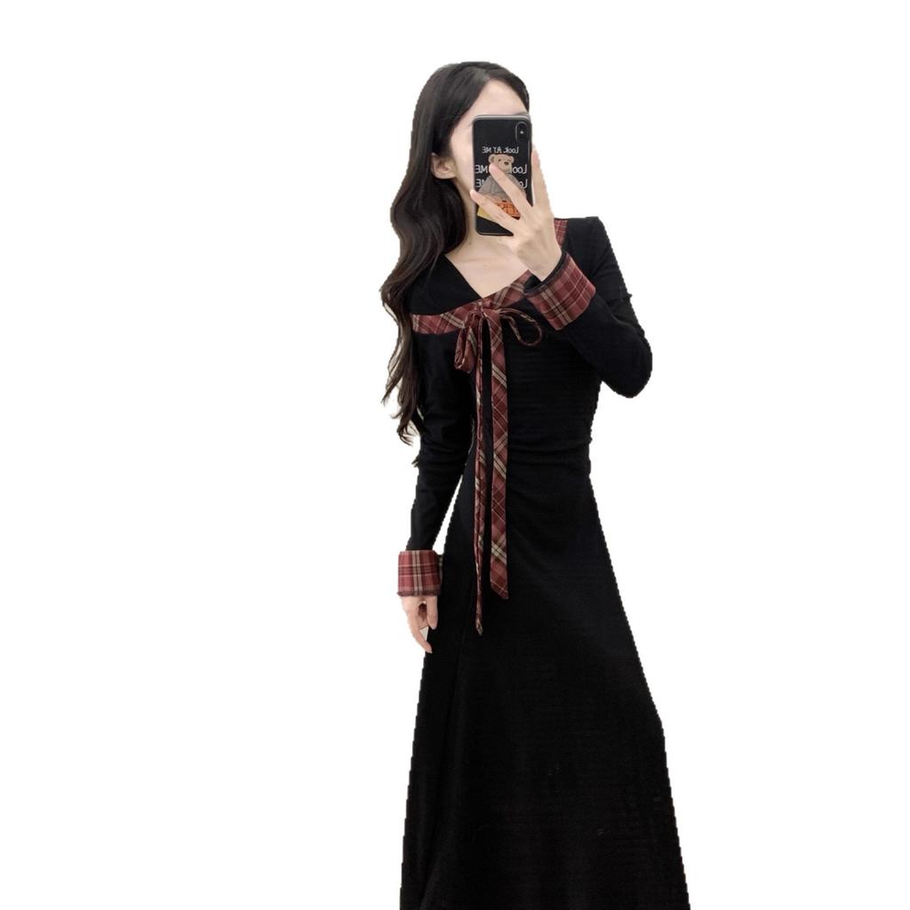 French Hepburn Style Small Black Dress Bow Long-sleeved Dress Women's Autumn and Winter Slim and Thin Medium and Long Skirt