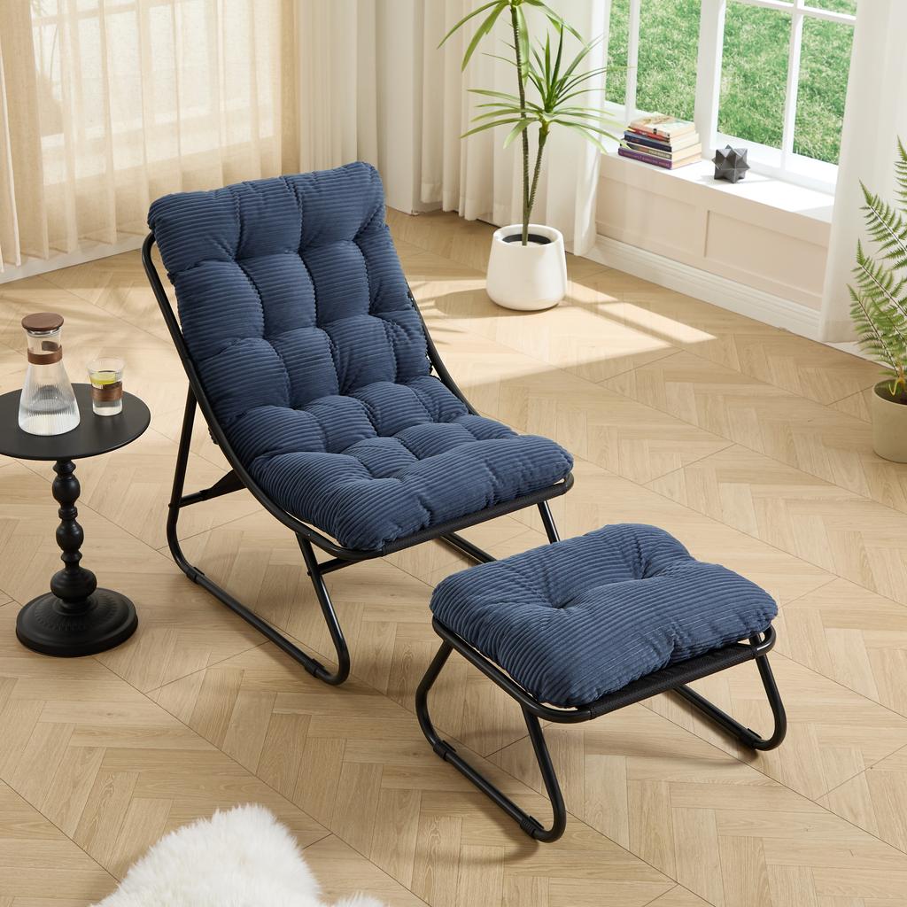 Patio Outdoor Lounge Chair with Ottoman, Comfy Sling Recliner Chair with Puffy Cushion and Foot Stool, Black Frame with Navy Blue Cushion