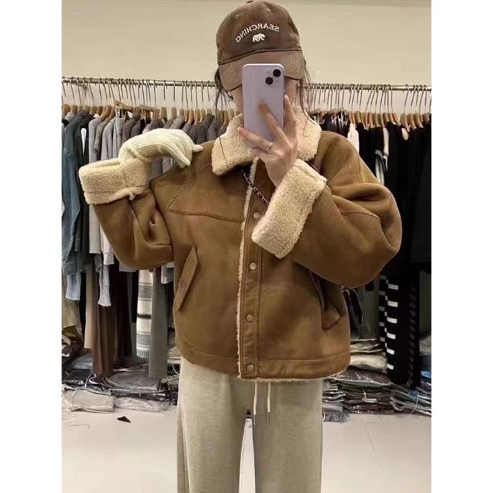 Women's Maillard Color Lambswool Cotton Padded Jacket - Short, Loose, Thick, warm, Fall/Winter Style