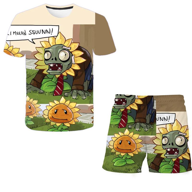 2025 NEW 4-14 Year Old Boys and Girls 3D Plant VS Zombie Printed T-shirts+Shorts Two Piece Sets Fashion Sports T-Shirt Top + Shorts Set 2 Pieces