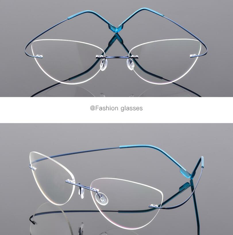 1.61 index Lens Frameless Cat Eye Myopia Eyeglasses Ultralight Rimless Blue Light Blocking Prescription Glasses -0.5 -0.75 to -6
