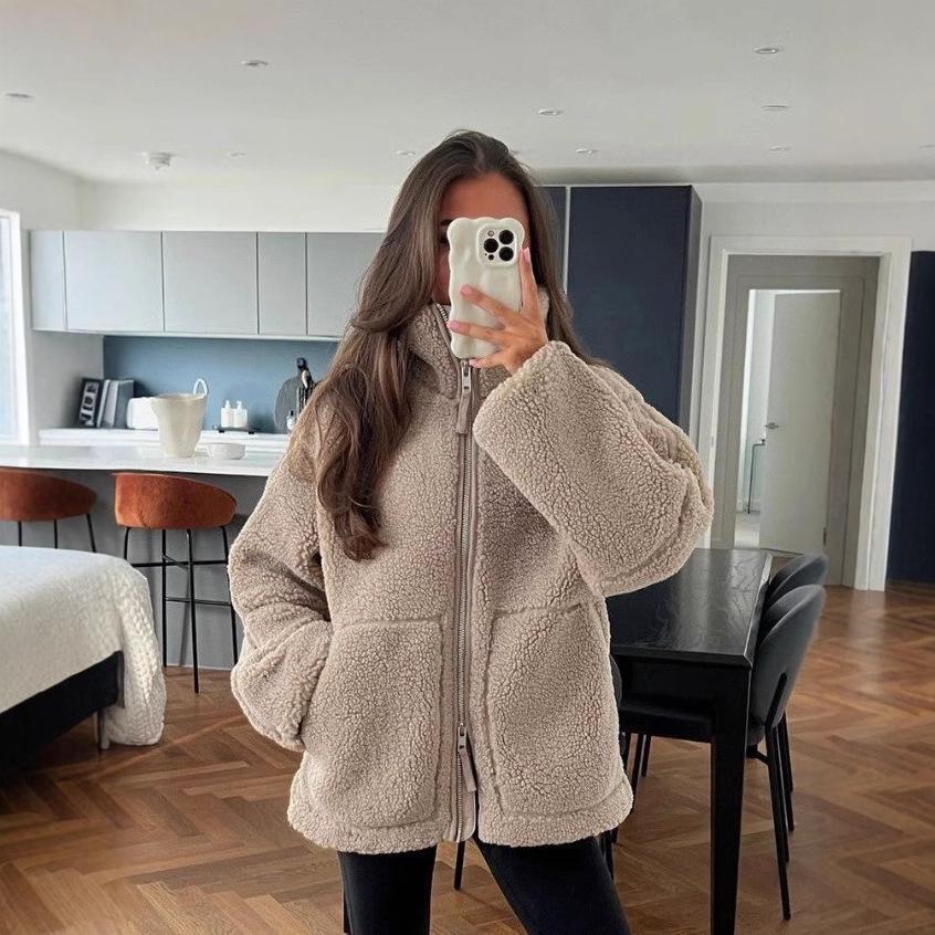 2024 Women's European & American Solid Color Lamb Wool High Collar Coat for Autumn/Winter