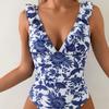 Charming High Elastic Printed Ruffle Deep V Cross Lace Up Bikini Swimsuit For Beach