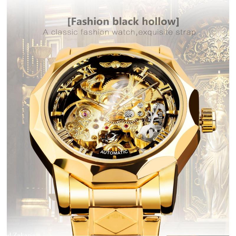 WINNER Men's Skeleton Automatic Mechanical Watches Polygonal Hollow Bottom Self Winding Wristwatch Stainless Steel Waterproof Luminous Watches for Men