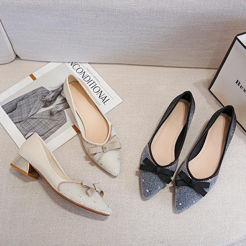 French pointed single shoes women's summer new shallow rhinestone thick heel medium heel temperament large size 40-43