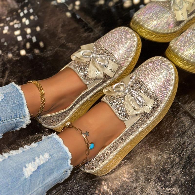 Flat-soled single shoes women's spring and autumn new fashion thick-soled rhinestone bow one pedal