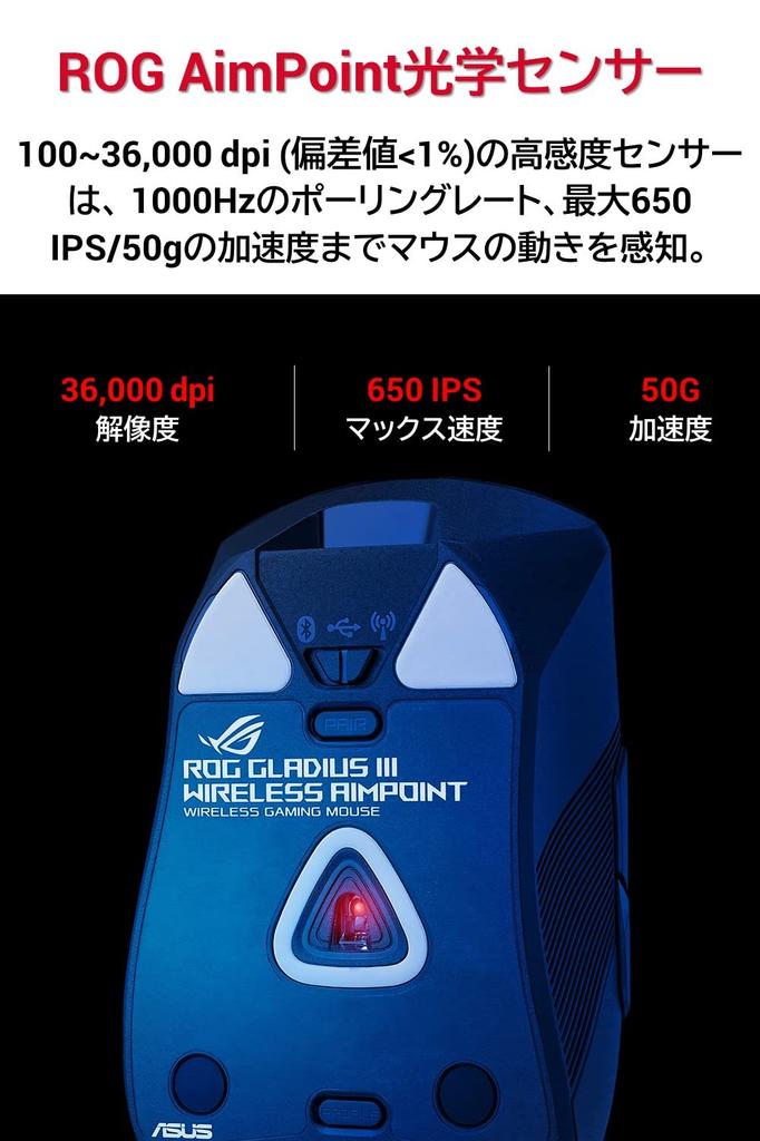 ASUS ROG Gladius III Wireless AimPoint Gaming Mouse Interchangeable 119 Hours of Battery Lightweight PBT Mouse Grip Tape (36,000dpi, Tri-Mode