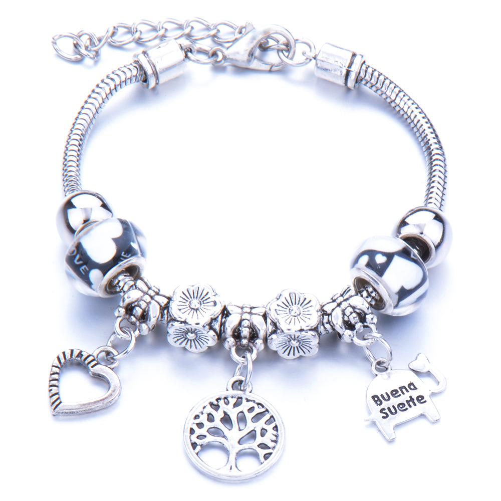 Vintage Handmade Alloy Large Hole Glass Bead Elephant Tree of Life Design Transparent Bracelet Multiple Styles Available