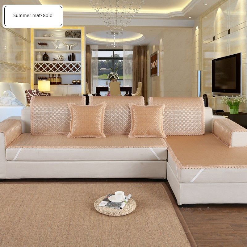 

Summer Sofa Cushion Fabric Summer Rattan Mat Modern Minimalist Cool Pad Ice Silk Bamboo Mat Non Slip Living Room Sofa Cover All-Inclusive Summer mat-gold yfd 60*60