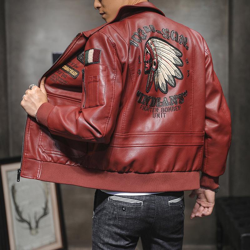 2021 Men's Lapel Embroidered PU Leather Motorcycle Jacket for Spring/Autumn - Casual Trendy Design