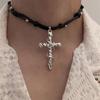 Personality Punk Sliver Color Vine Entwined Cross Pendant Black Leather Rope Necklace for Women Men Collar Chain Jewelry Gifts
