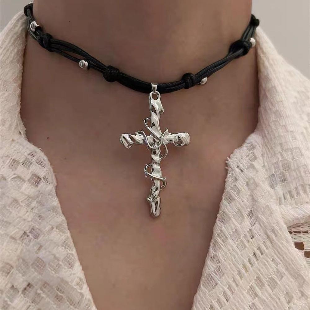 Personality Punk Sliver Color Vine Entwined Cross Pendant Black Leather Rope Necklace for Women Men Collar Chain Jewelry Gifts