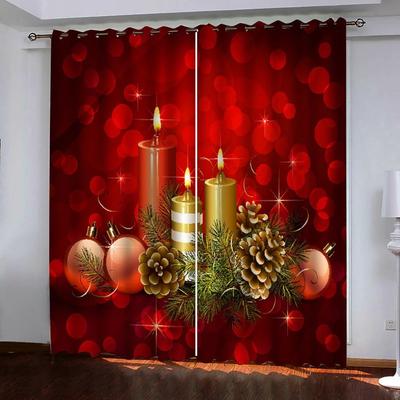 2 Red Printed Santa Semi-blackout Curtains, Winter Snowflake Holiday Polyester Adapted To the Living Room Kitchen Bedroom