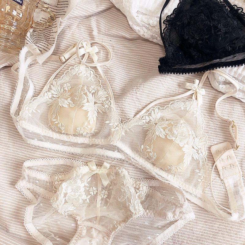 New French Thin Strap Lace Underwear Women's Suit, Thin Small Triangular Cup, No Steel Ring, No Trace, Breathable Bra Cover