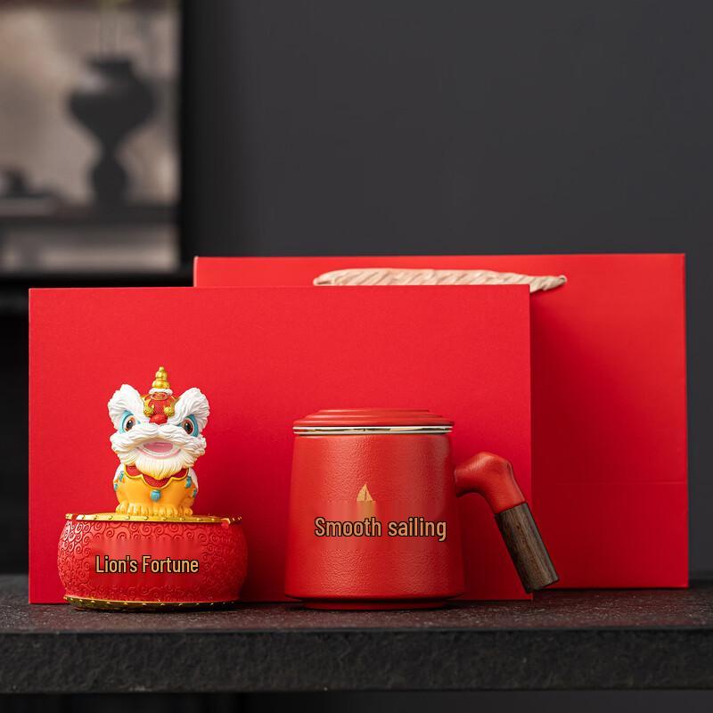 Customizable New Year Corporate Gift Set - Red Mug & Lion Ashtray