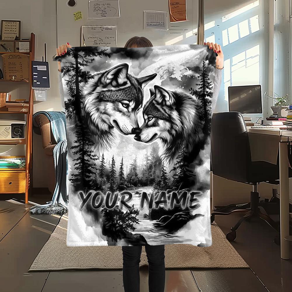 1PC Custom Name Wolf Pair Forest Patterned Flannel Blanket Suitable For All Seasons for Home Decor Warmth and Comfort Gifts Holiday Present_lx