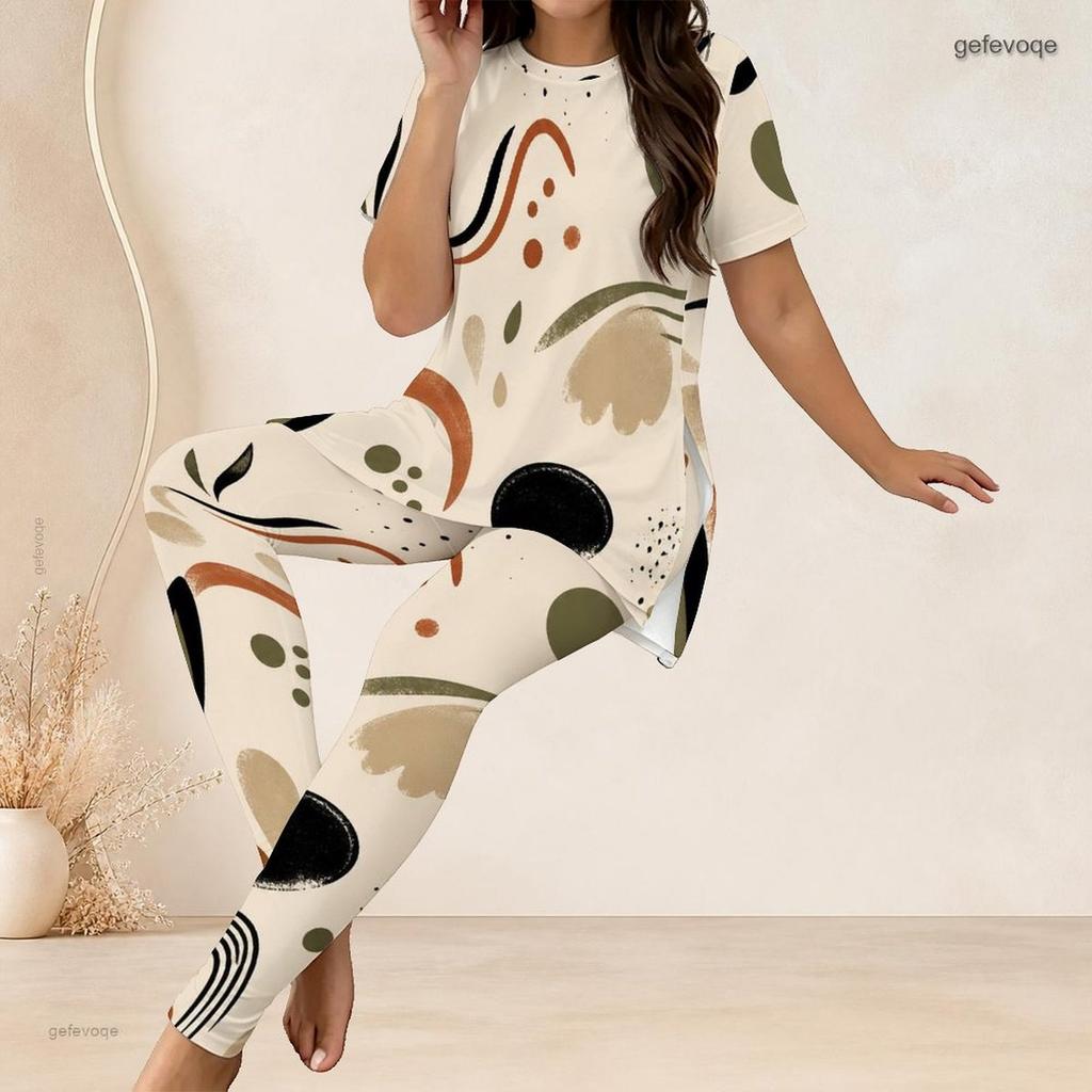 Women Plus Size White Printed Two Piece Outfit Round Neck Short Sleeve Longline Top Fitted Long Pants